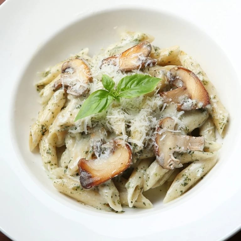 Hearty vegetarian mushroom pesto pasta served hot, ready for a quick weeknight dinner for four.