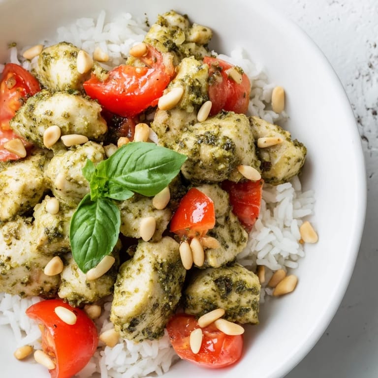 Bright green pesto sauce coats tender chicken and warm grains in this Italian-inspired bowl.