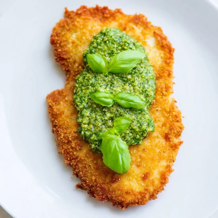 Freshly fried Crispy Pesto Chicken Cutlets with vibrant green pesto drizzled over the golden Parmesan crust.
