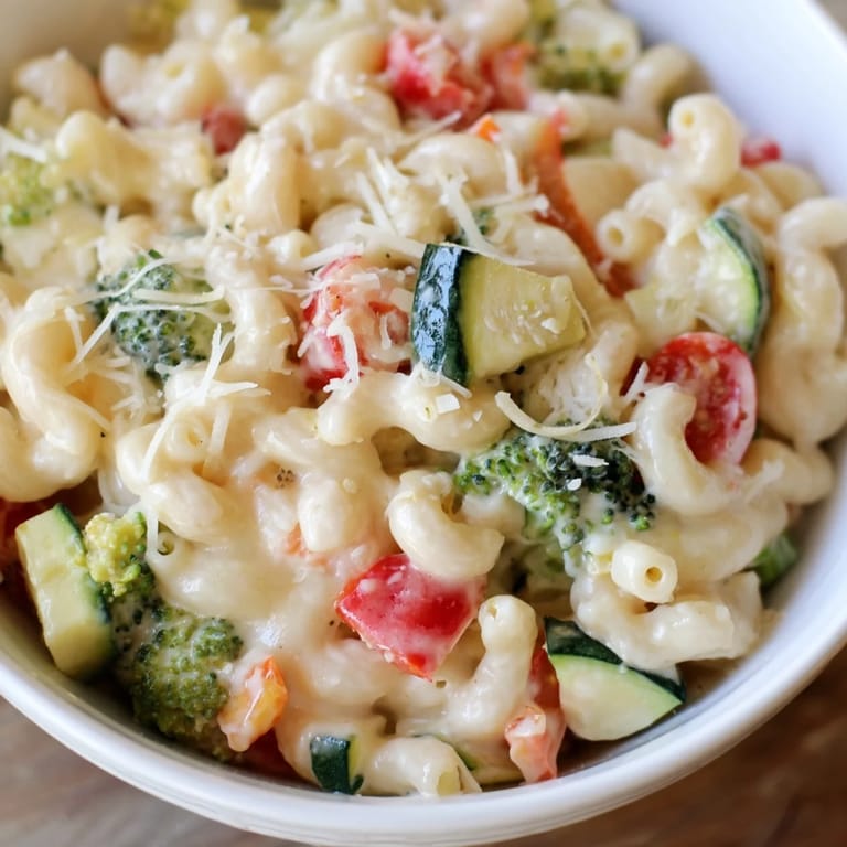 An overhead view shows a creamy skillet of roasted veggie mac & cheese topped with fresh parsley and extra cheese.  