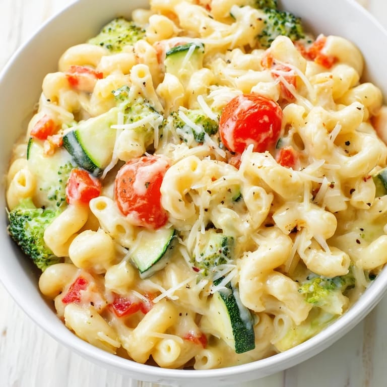 Fork-ready roasted veggie mac & cheese mixes tender pasta, caramelized broccoli, and tomatoes in a rich, homemade cheddar sauce.
