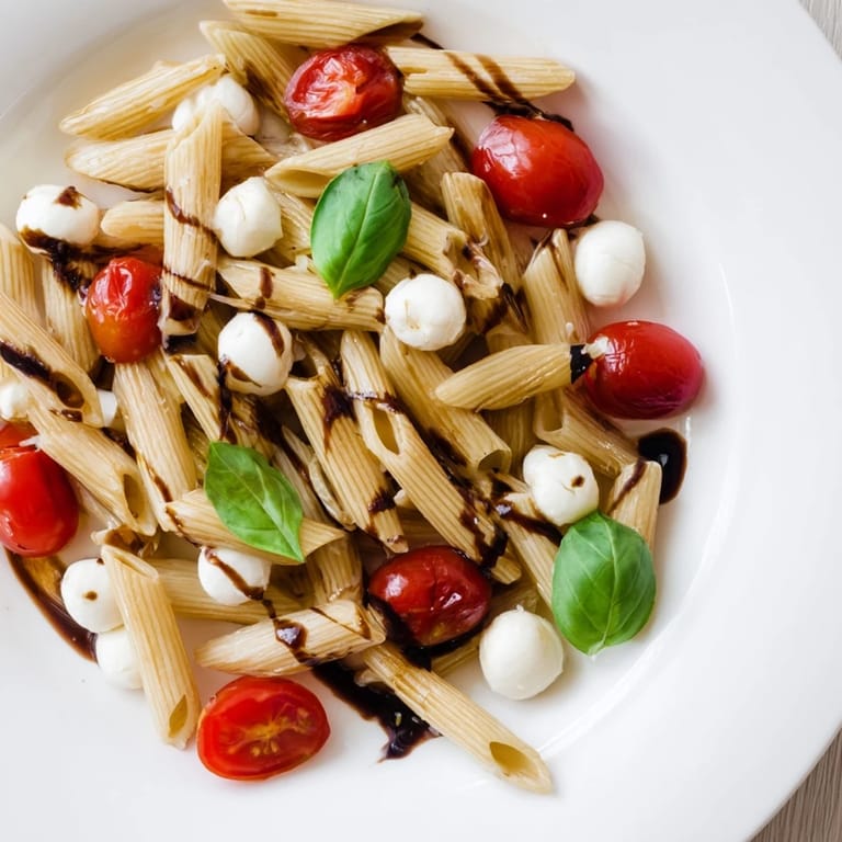 Warm Caprese Salad Pasta tossed with olive oil, served in a white dish with basil garnish, perfect for a light lunch.