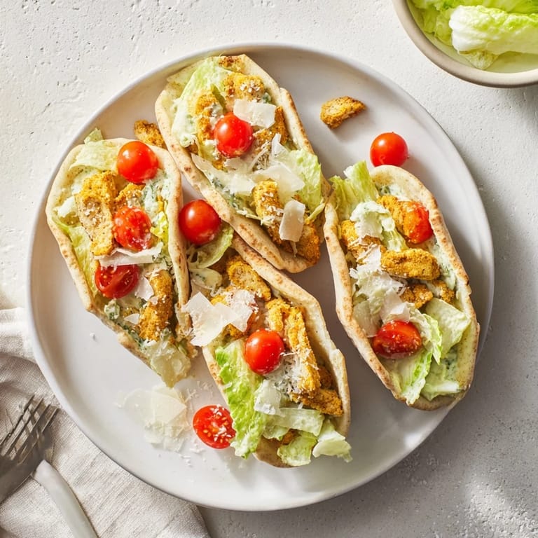 A handheld Crispy Chicken Caesar Pita, drizzled with Caesar dressing and served with lemon wedges.