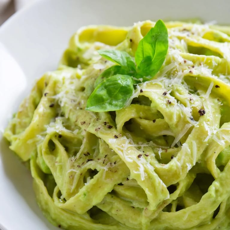 A close-up of Creamy Green Pea Alfredo in a white bowl, topped with fresh basil and cracked black pepper, ready for a comforting weeknight meal.