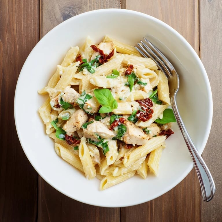 A rustic skillet holds rich, garlicky Creamy Sun-Dried Tomato Chicken Pasta, showcasing vibrant tomato pieces and penne tossed in a velvety, dairy-based sauce.