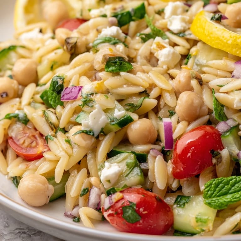 A close-up of Lemony Chickpea Orzo Salad showing herbs, crumbled feta, and glistening olive oil dressing.  
