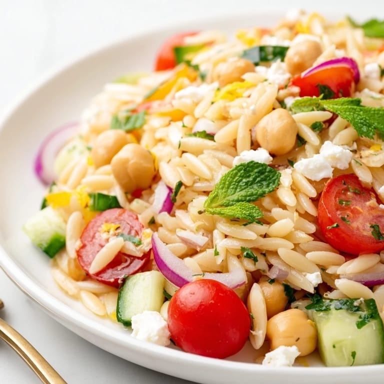 Serve chilled Lemony Chickpea orzo salad topped with fresh mint and parsley at a sunny picnic.