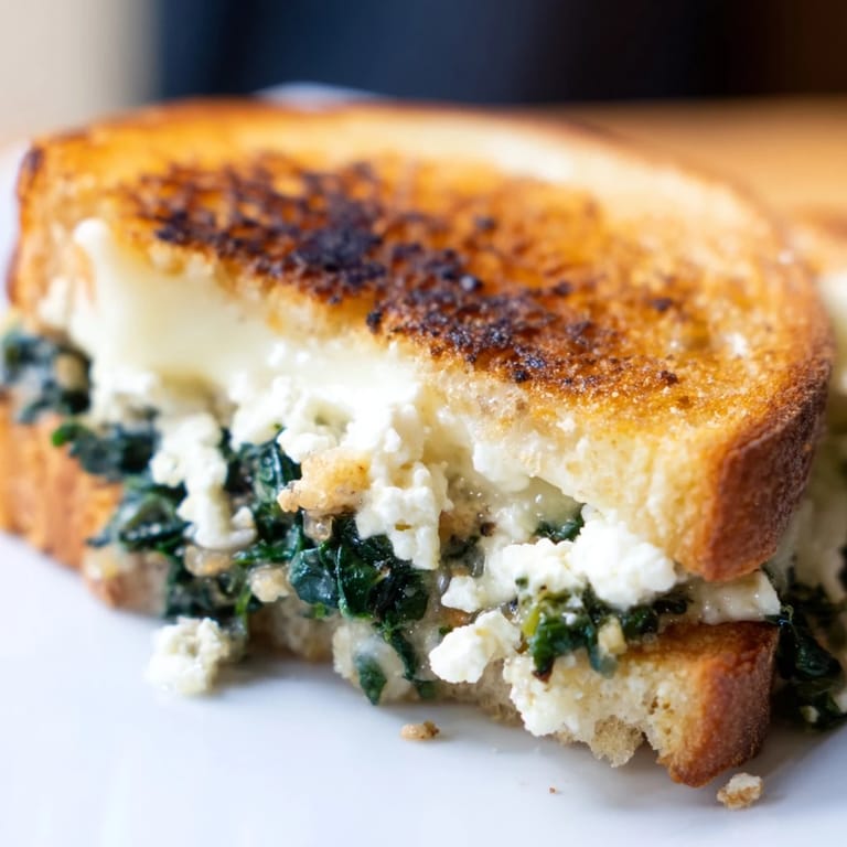 Freshly grilled Feta & Spinach Stuffed Grilled Cheese on a plate, ready to slice and serve.  