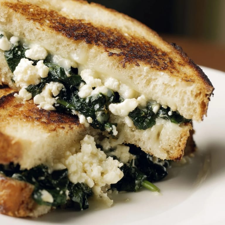 Buttery, toasted sandwich with wilted spinach and crumbled feta, perfect for a quick vegetarian dinner.