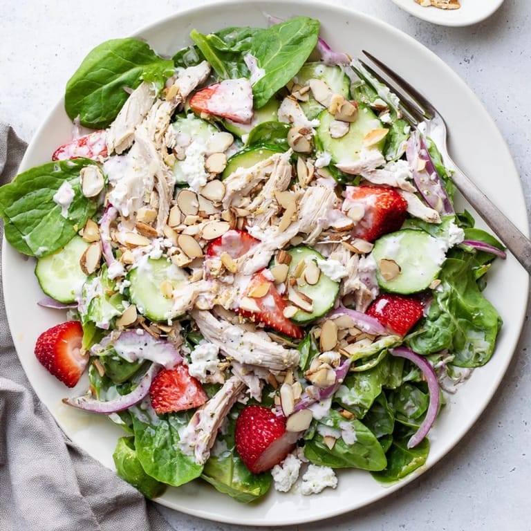 A close up of sliced cucumbers and red onions coated in poppy seed dressing, ready to be tossed with juicy strawberries and shredded chicken in this Strawberry Poppy Seed Chicken Salad.