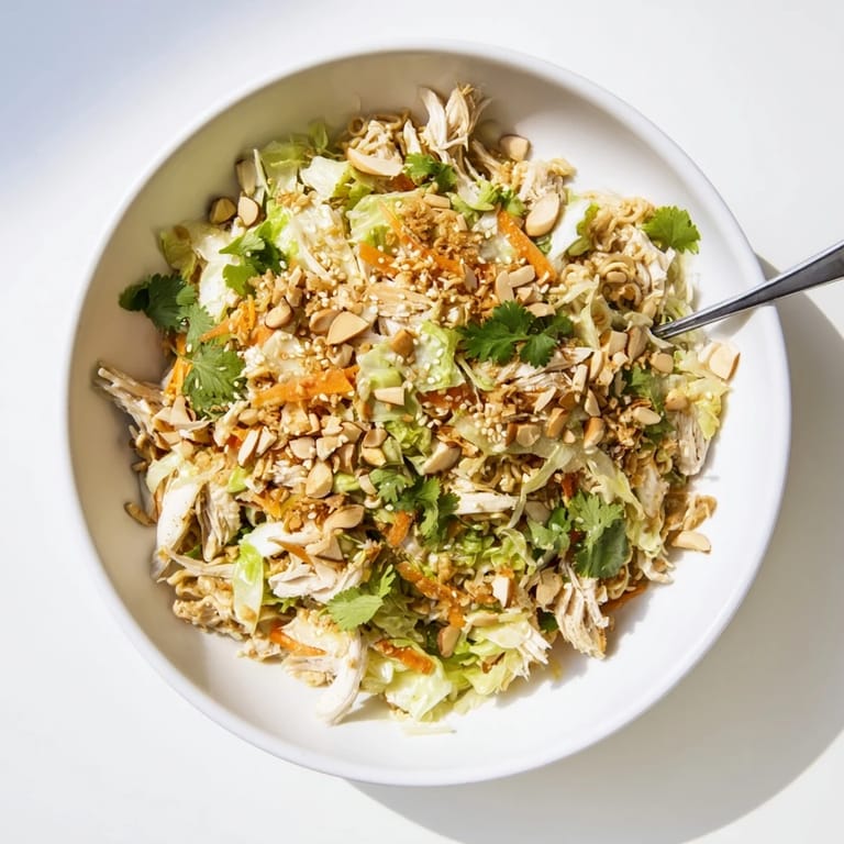 Forkful of Crunchy Ramen Chicken Salad with crisp carrots, scallions, and crushed instant noodles, ready for a quick lunch or potluck.