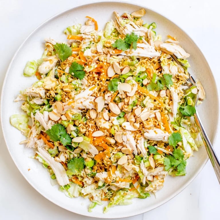 Top-down view of Crunchy Ramen Chicken Salad, highlighting fresh cilantro, sesame seeds, and glistening dressing for a refreshing Asian-fusion meal.