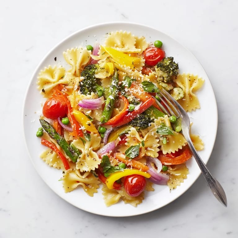 Close-up view of freshly prepared Rainbow Veggie Pasta Primavera featuring tender broccoli florets, julienned carrots, and a light garlic olive oil sauce.  