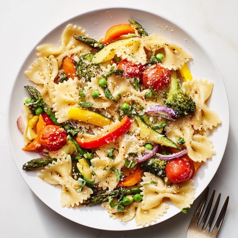 A vibrant serving of Rainbow Veggie Pasta Primavera with yellow squash and peas, garnished with fresh basil and a sprinkle of Parmesan cheese.