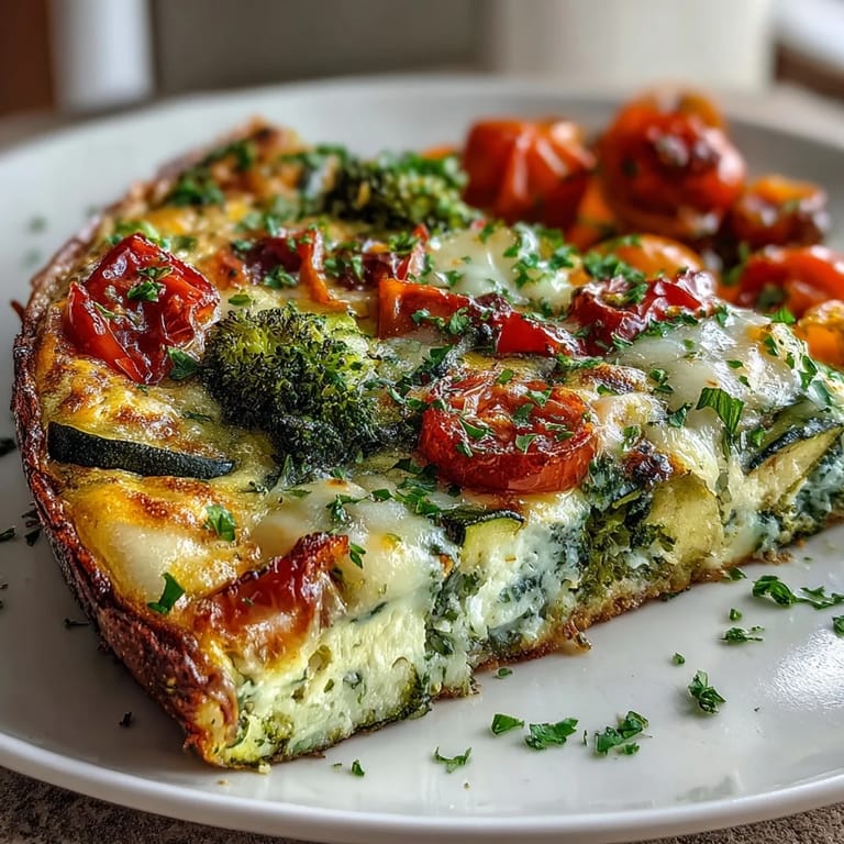 Sliced wedges of Vegetable Frittata reveal a golden, fluffy interior packed with broccoli, bell peppers, and zucchini, ready to serve.