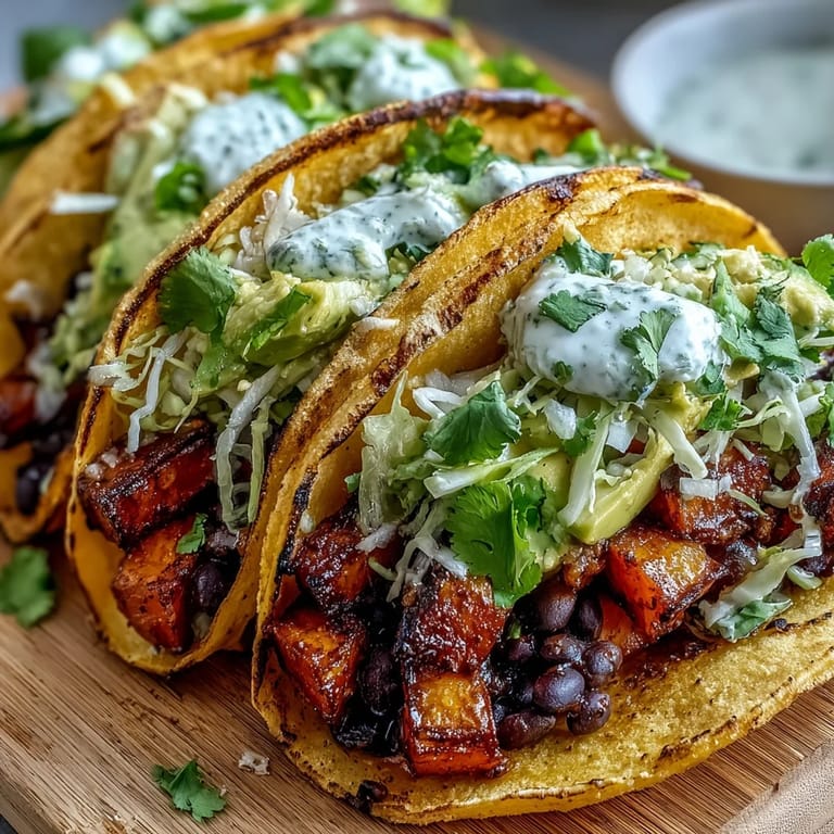 Vibrant vegan Black Bean and Sweet Potato Tacos filled with spiced roasted vegetables and creamy avocado slices.