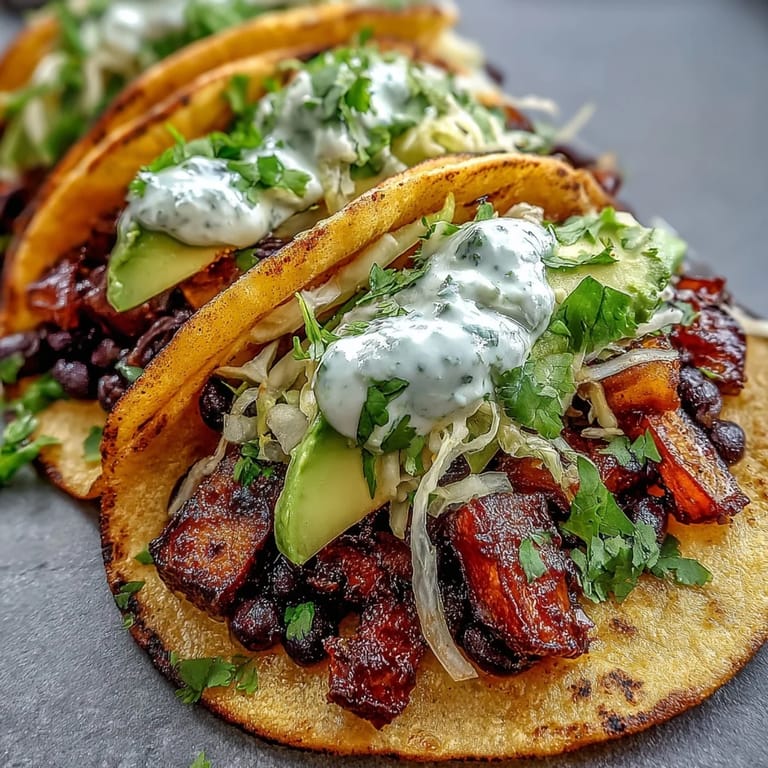 Fresh lime wedges, red cabbage, and cilantro garnish these hearty Black Bean and Sweet Potato Tacos.