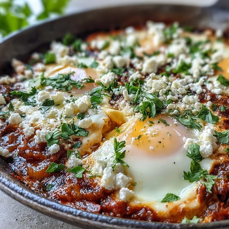 Vibrant shakshuka simmering in a cast-iron skillet, featuring perfectly poached eggs and a colorful tomato-pepper base ready for crusty bread.