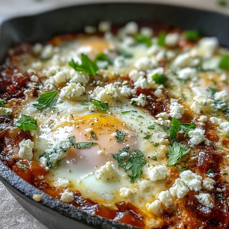 Savory North African shakshuka served with runny egg yolks and fresh herbs, ideal for a protein-rich breakfast or brunch in the U.S.