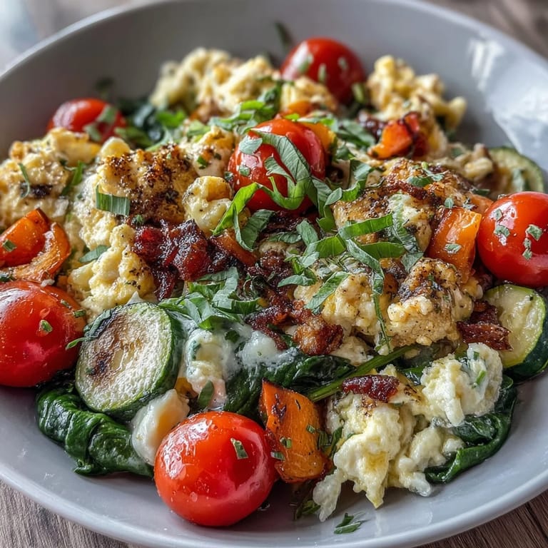 Freshly cooked Egg and Vegetable Scramble featuring tender eggs, diced zucchini, and herbs, plated for a healthy breakfast.