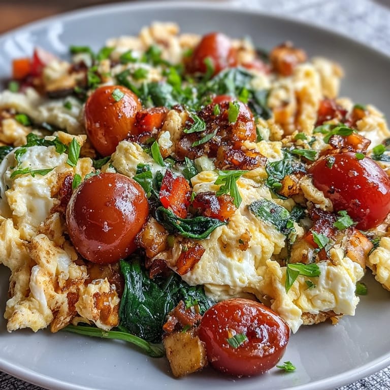 Gently stirred Egg and Vegetable Scramble with colorful vegetables, golden eggs, and chives, ready to enjoy with toast.