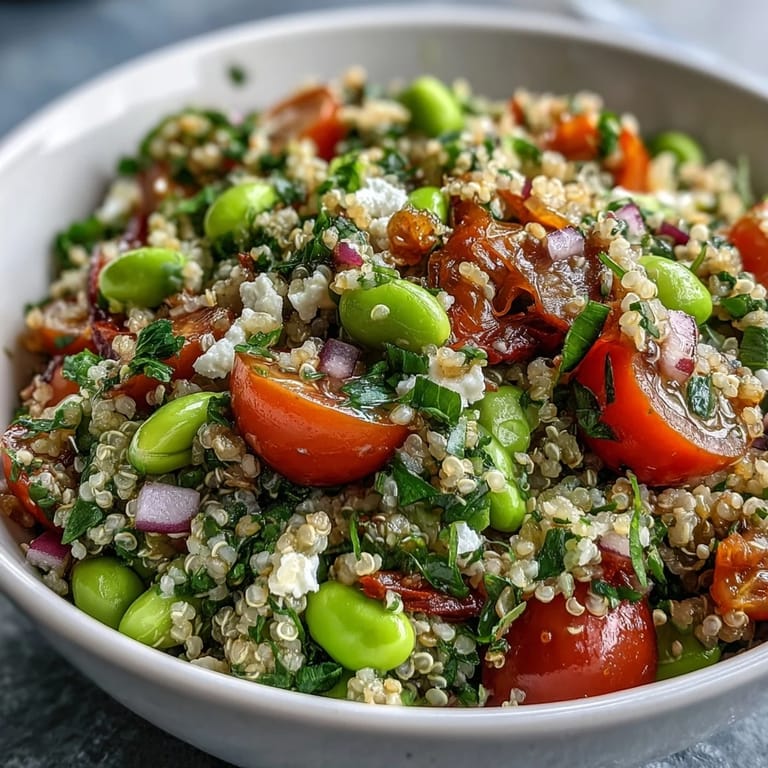 Close-up of Edamame and Quinoa Salad showcasing fluffy quinoa, tender edamame, and colorful diced vegetables for a healthy side dish.
