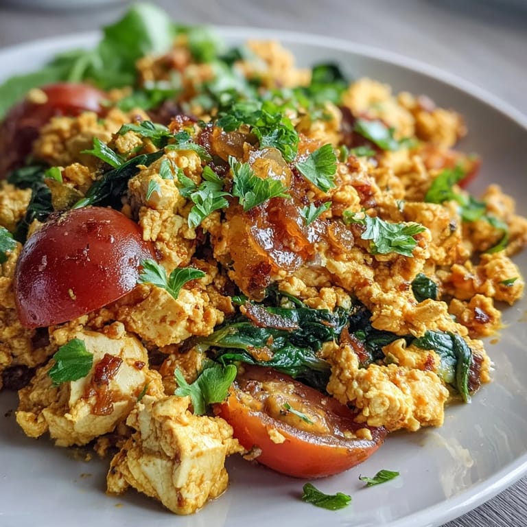 Steam rises from a large skillet of Tofu Scramble, with colorful diced tomatoes and onions mixed into the spices.
