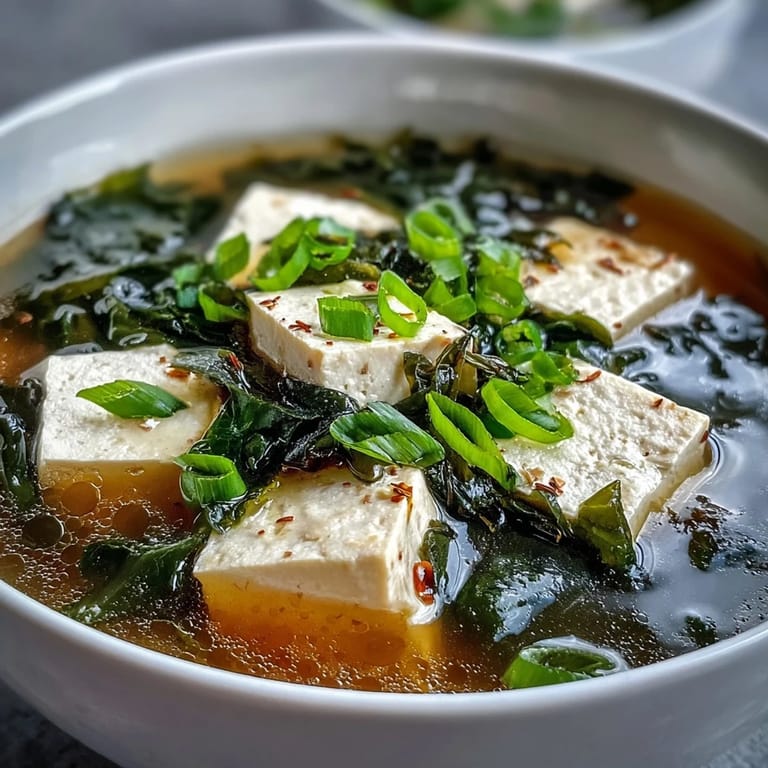 Traditional Japanese miso soup served in a black bowl with silken tofu cubes and wakame seaweed.