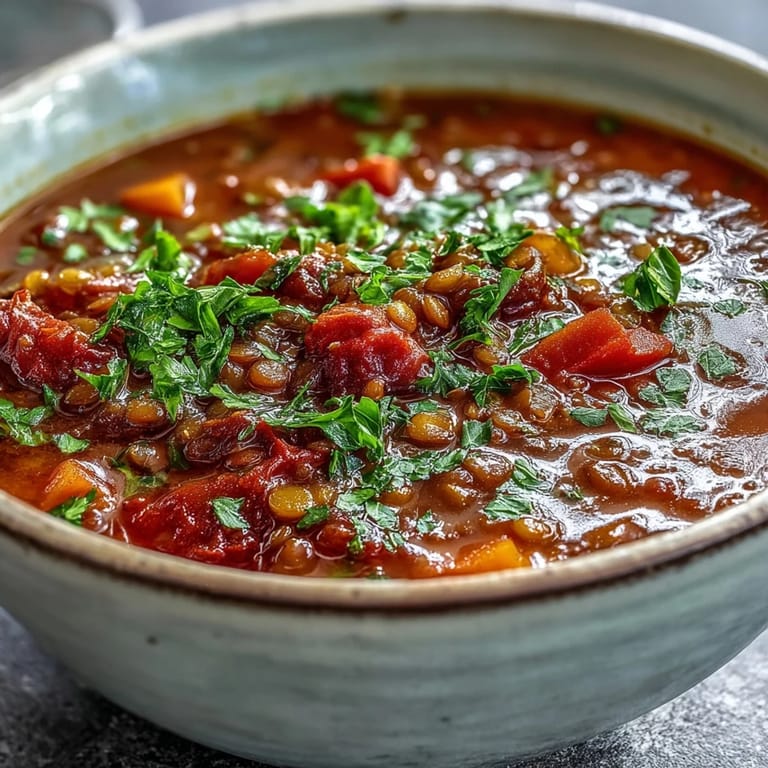 Thick and hearty Tomato Lentil Soup with tender lentils and carrots in a rich, spiced broth.