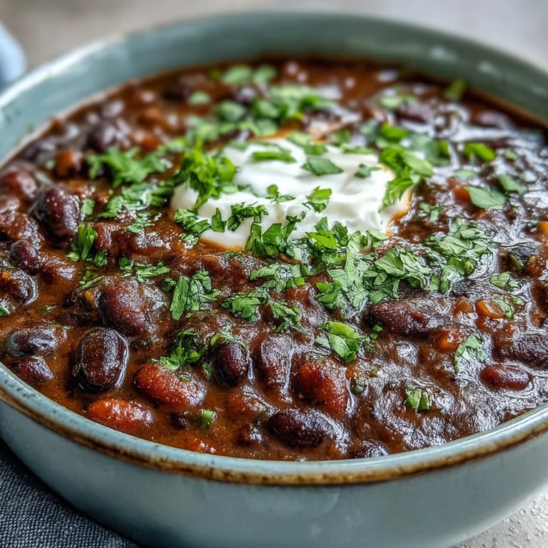 Black Bean Soup is ladled into a rustic bowl with vibrant garnishes nearby.