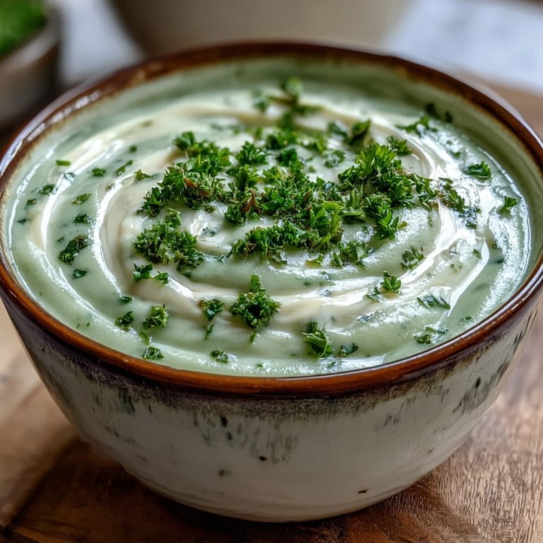 Ceramic bowl of creamy celery and herb soup with a crusty bread slice for dipping.  