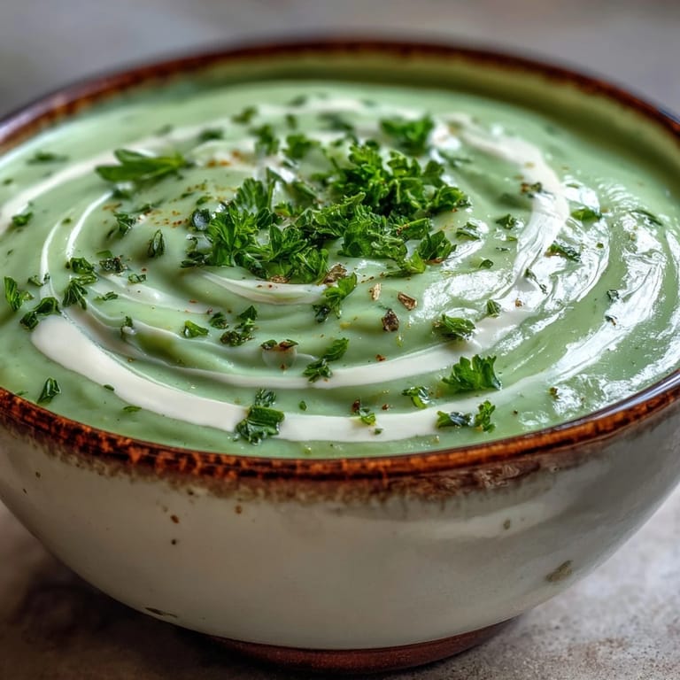 Smooth, light green creamy celery and herb soup swirled with crème fraîche.