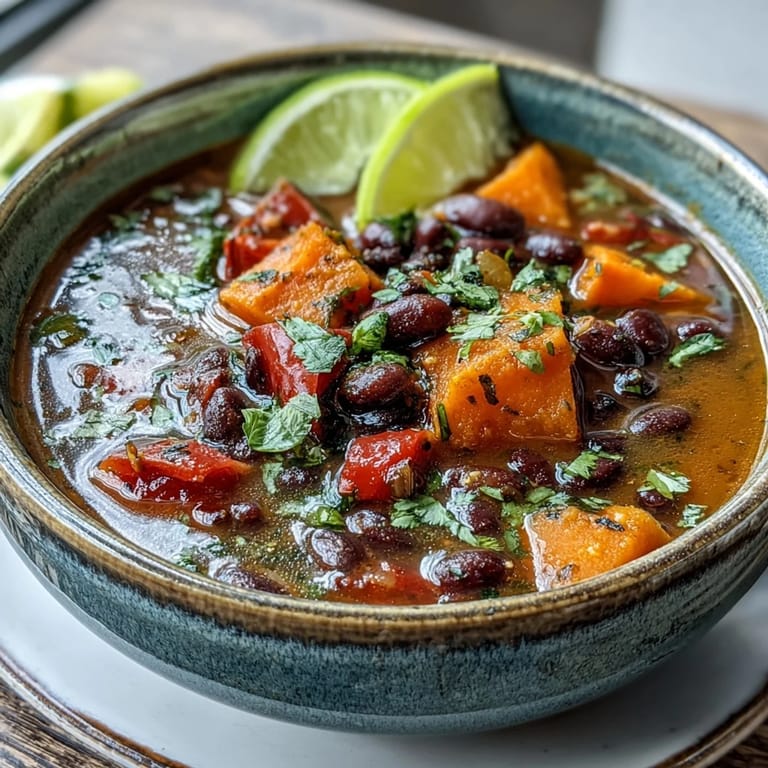 Vibrant Sweet Potato and Black Bean Soup in a rustic pot, showcasing hearty vegetables and a colorful, fiber-rich meal.