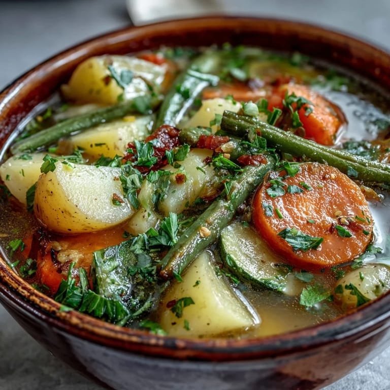 A bowl of hearty Potato and Vegetable Soup, brimming with tender potatoes, carrots, and peas, garnished with fresh parsley.