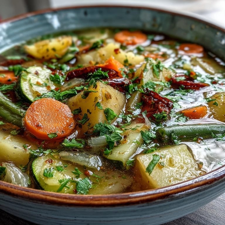 Steam rises from a comforting pot of Potato and Vegetable Soup, filled with diced potatoes, green beans, and zucchini.