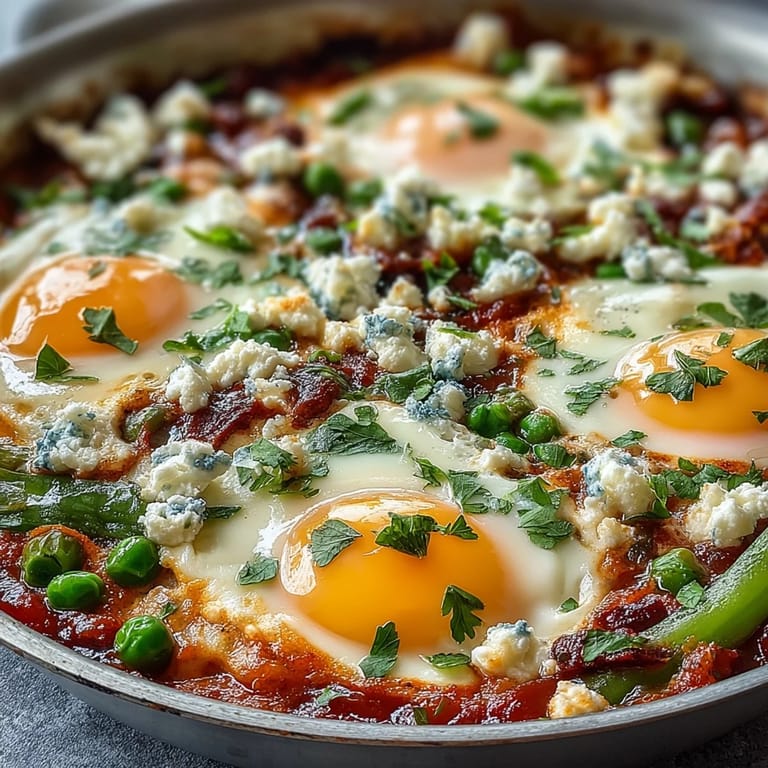 Golden-edged, poached eggs sit atop a spring-inspired Pea and Broad Bean Shakshuka, garnished with fresh parsley and crumbled feta cheese.