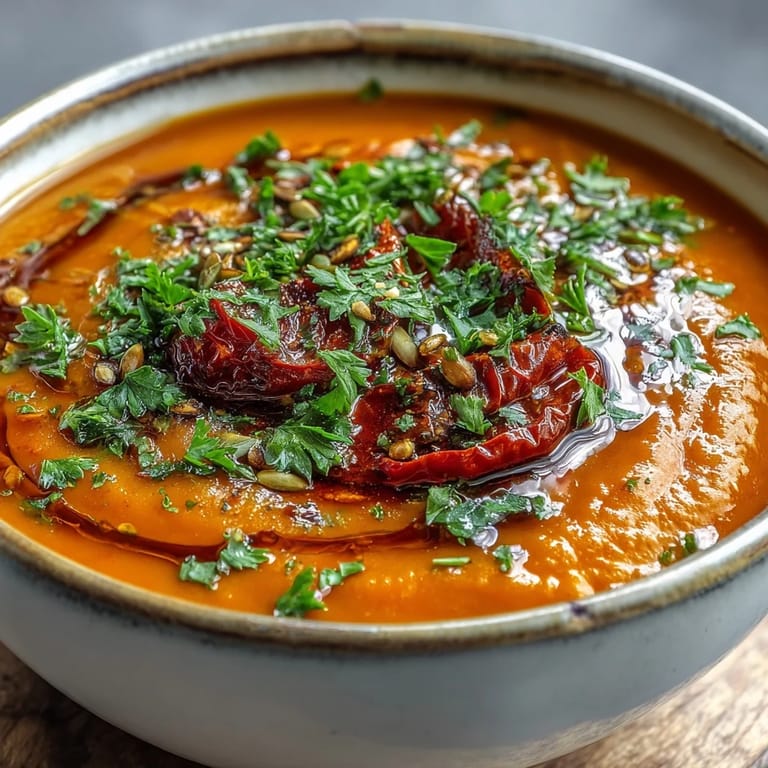 Golden roasted vegetables like carrots and sweet potatoes blend into a savory, aromatic soup garnished with toasted seeds for crunch.
