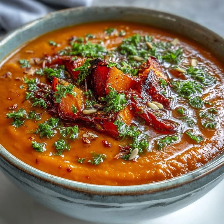A comforting bowl of roasted vegetable soup paired with gluten-free croutons, perfect for a cozy, healthy meal.