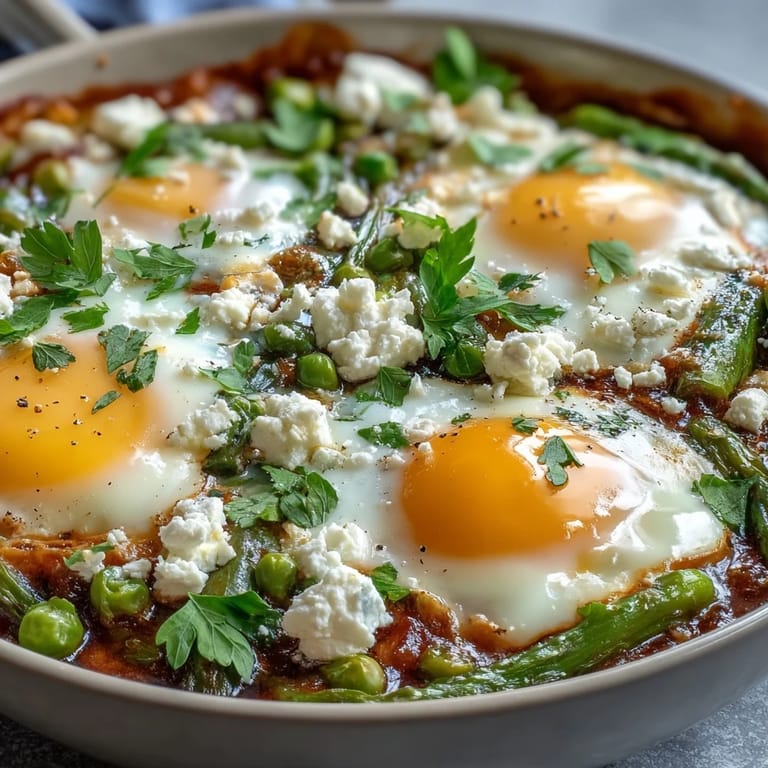 Savory Pea and Broad Bean Shakshuka served family-style in a skillet, accompanied by crusty bread for dipping into the rich, spiced tomato sauce.