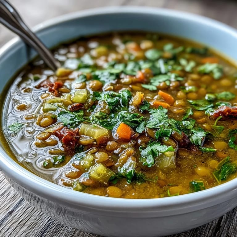 A hearty ladle of Mung Bean Soup reveals a rich, spiced broth filled with vegetables and beans.