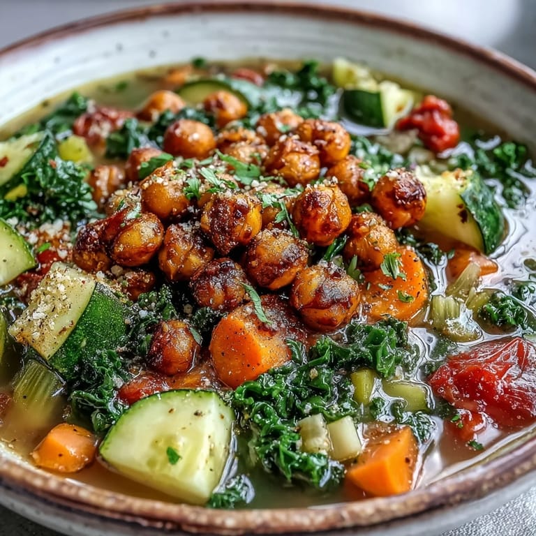 Spoon lifting a savory serving of Spiced Chickpea and Vegetable Soup, revealing tender vegetables and golden chickpeas in a rich broth.