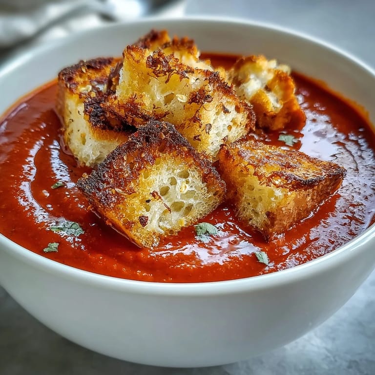 Top-down view of Roasted Red Pepper Soup With Crispy Croutons, garnished with herbs, olive oil drizzle, and crunchy bread cubes for texture.