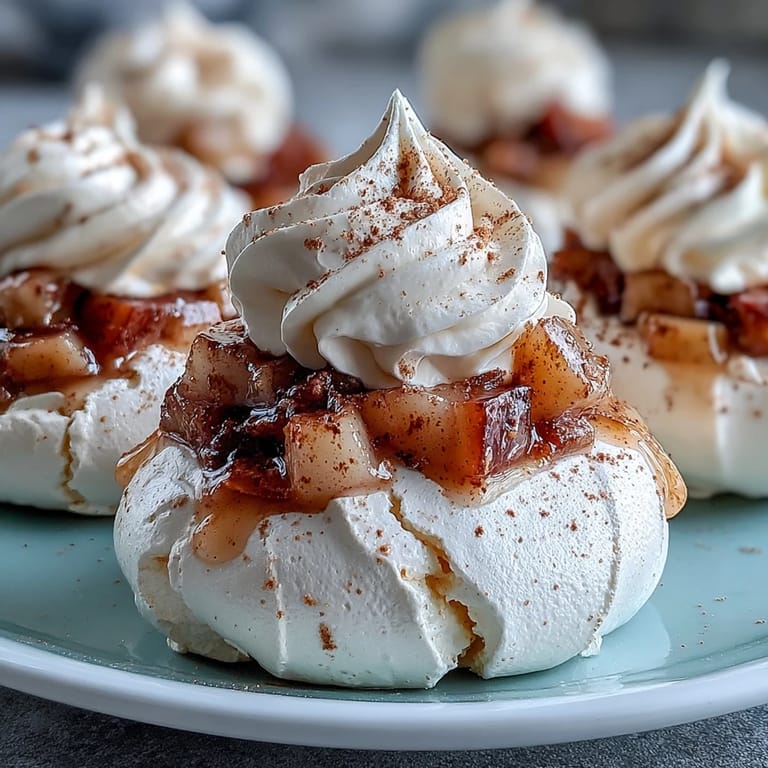 A close-up of Mini Hot Toddy Pavlovas featuring crisp meringue shells, fluffy cream, and whisky-infused pear chunks.