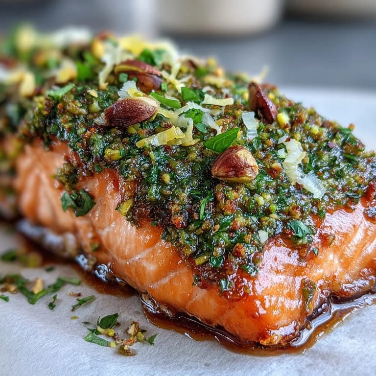 Tender Confit Salmon With Tahini, Pistachio and Herb Crust, flaky and juicy, garnished with fresh mint, dill, and parsley.