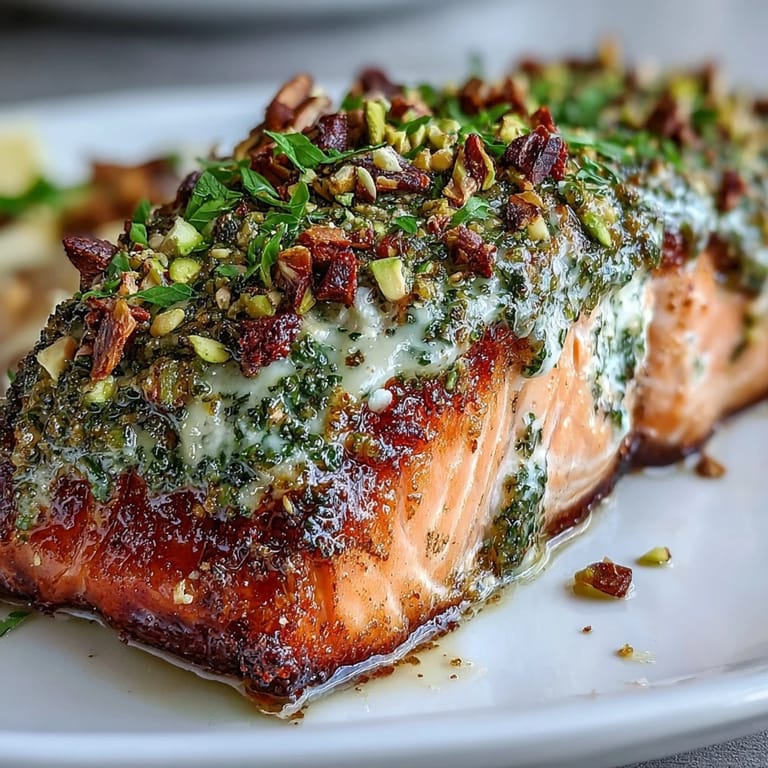 Golden Confit Salmon With Tahini, Pistachio and Herb Crust plated with drizzled olive oil and a crisp green salad.