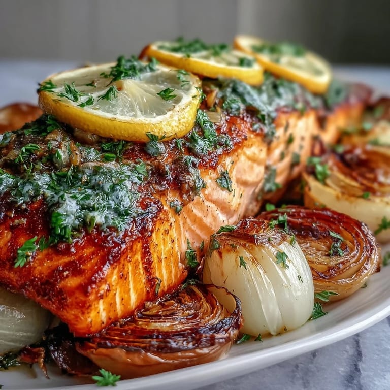 Freshly made One-Pan Roast Salmon With Leeks, Onions, and Parsley Dressing plated with roasted lemon wedges and a colorful parsley garnish.