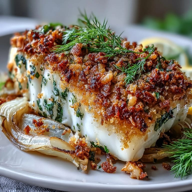 Tender halibut fillets topped with a lemony walnut pangrattato and baked over aromatic fennel slices.