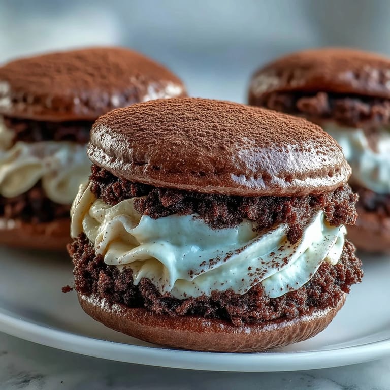 Two Tiramisu Whoopie Pies are stacked with dusted cocoa, showcasing creamy espresso filling for a coffee-inspired dessert.
