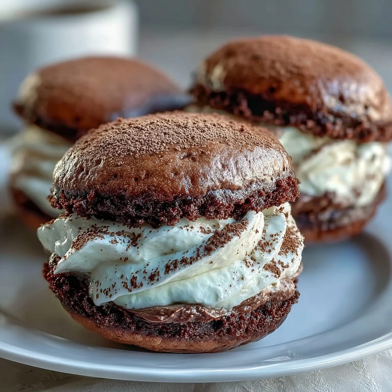 A platter of Tiramisu Whoopie Pies garnished with cocoa powder, perfect for an Italian-American dessert spread or special occasion.