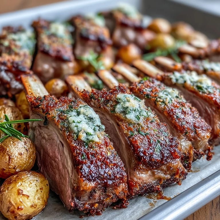 Succulent roasted lamb sliced into chops, served with rustic potatoes, green olives, and capers on a warm platter.